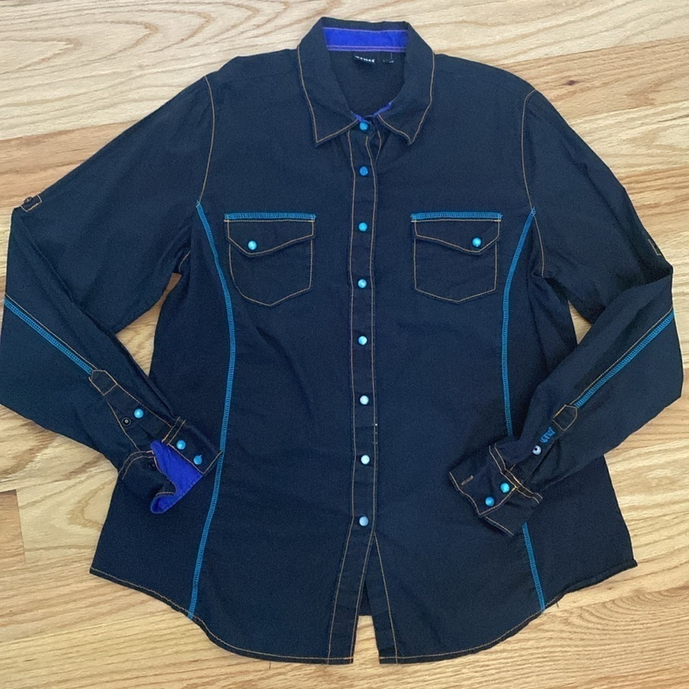 CRUEL womans XL pearl snap Up western shirt Black Coastal cowgirl Rodeo Stretch